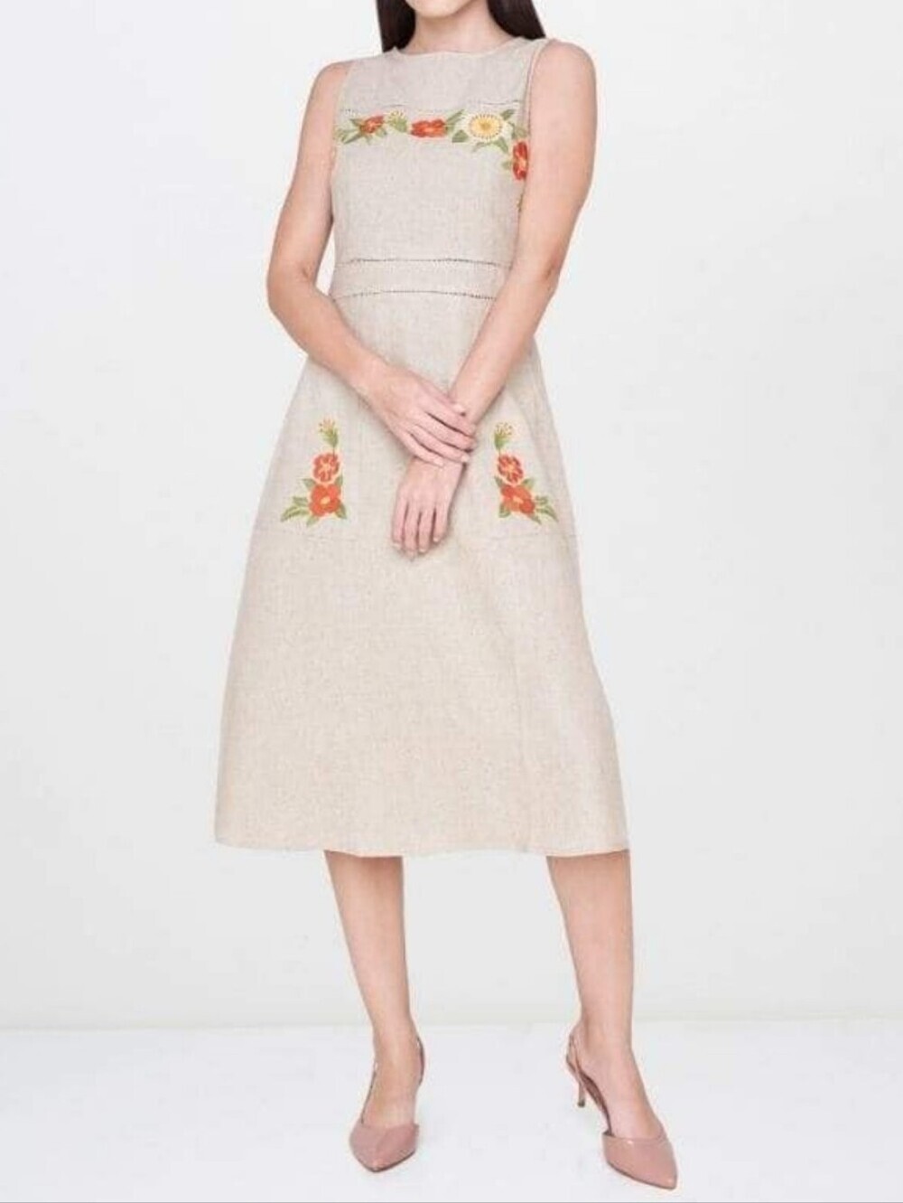 AND Natural Dress Cream Midi Dress with Floral Embroidery Size 14 - Picture 5 of 16